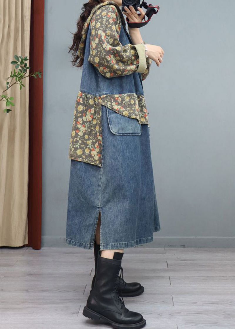 Blauwe Print Knoop Patchwork Denim Jas Asymmetrische Lange Mouw - Dames winterjassen