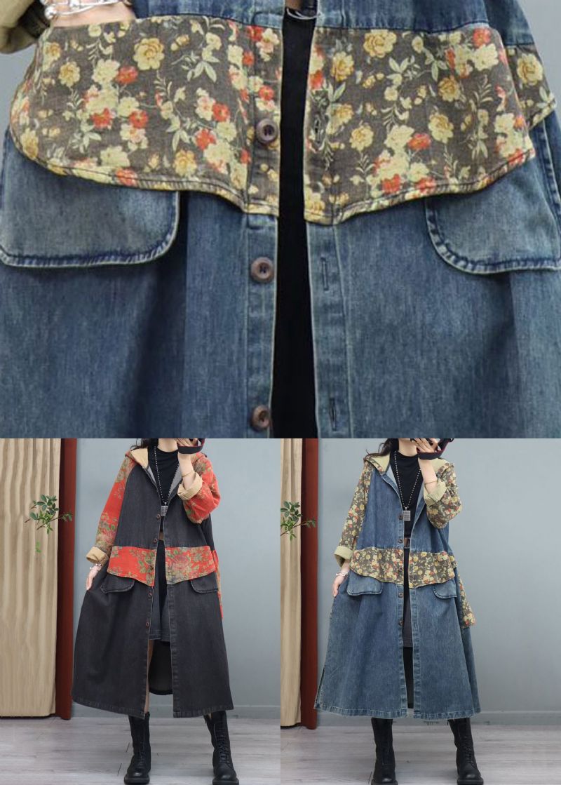 Blauwe Print Knoop Patchwork Denim Jas Asymmetrische Lange Mouw - Dames winterjassen