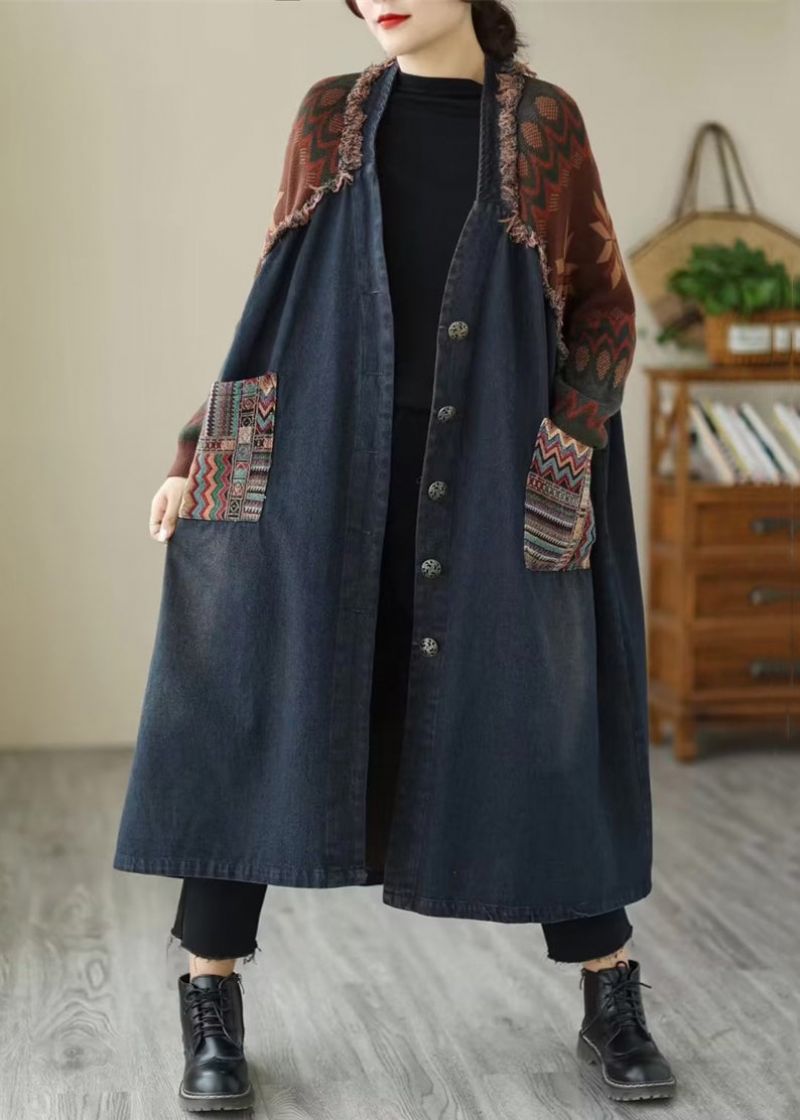 Blauwe Zakken Patchwork Denim Lange Jassen V-hals Herfst - Dames winterjassen