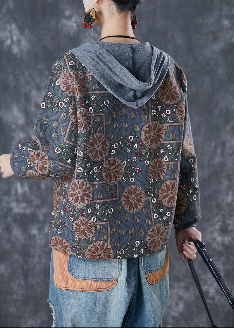 Blauwgrijze Patchwork Katoenen Jassen Met Capuchon En Print Herfst - Dames winterjassen