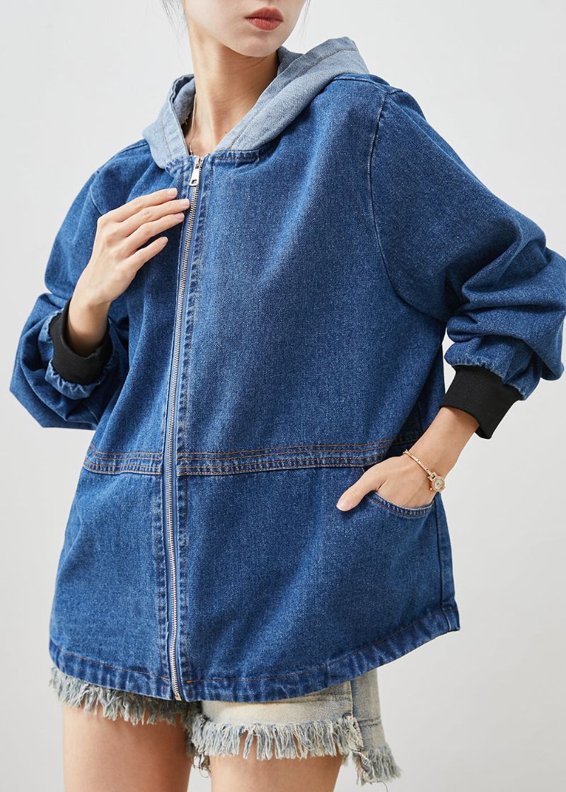 Boheemse Blauwe Denim Jacks Met Capuchon En Patchwork Lente - Dames winterjassen