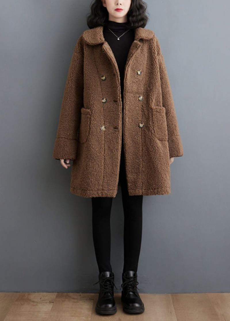 Boheemse Chocolade Dubbele Borst Dikke Namaakbont Trenchcoat Winter - Dames winterjassen