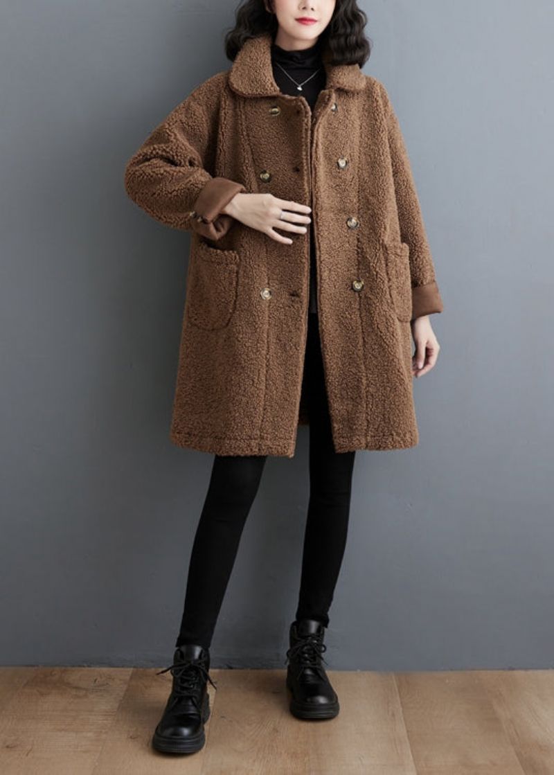 Boheemse Chocolade Dubbele Borst Dikke Namaakbont Trenchcoat Winter - Dames winterjassen