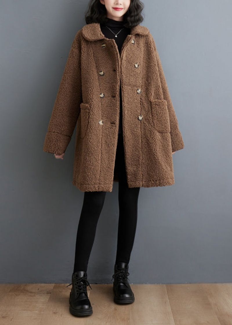 Boheemse Chocolade Dubbele Borst Dikke Namaakbont Trenchcoat Winter - Dames winterjassen