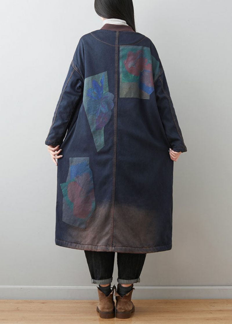 Boheemse Donkerblauwe Patchwork Zakken Print Warme Fleece Uitloper Winter - Dames winterjassen