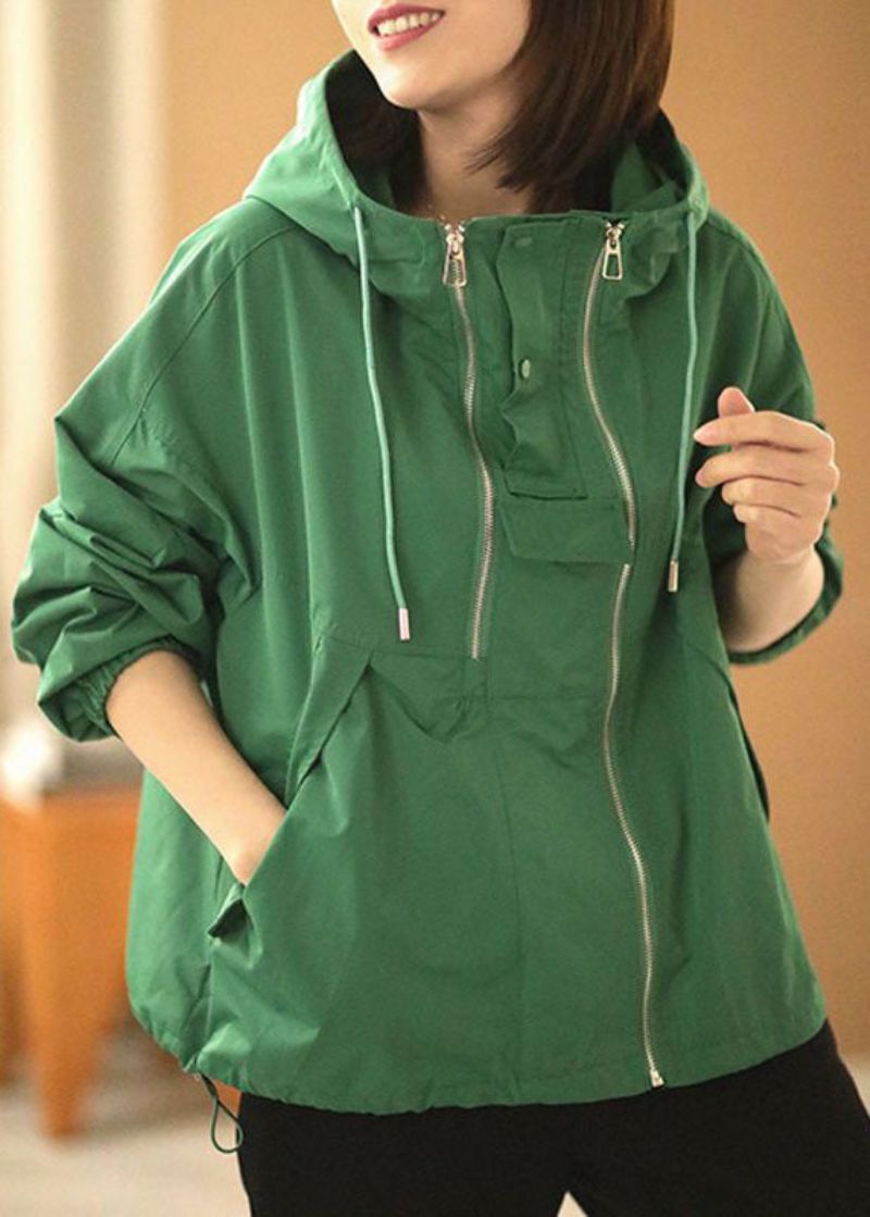 Boheemse Groene Oversized Katoenen Jas Met Capuchon En Lange Mouwen Met Ritssluiting En Trekkoord - Dames winterjassen