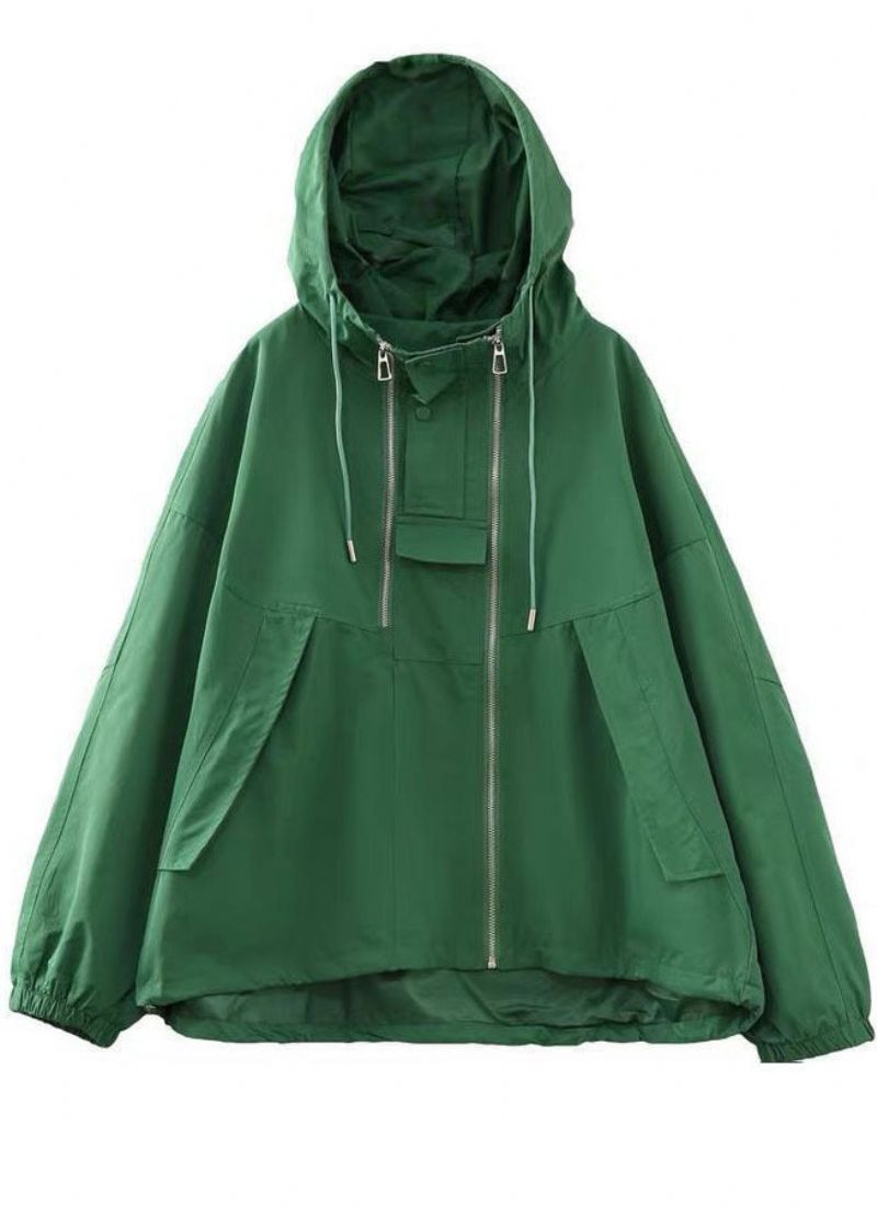 Boheemse Groene Oversized Katoenen Jas Met Capuchon En Lange Mouwen Met Ritssluiting En Trekkoord - Dames winterjassen