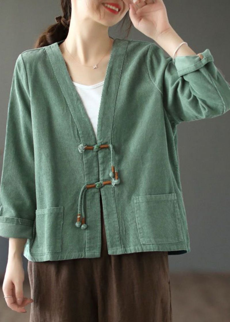 Boheemse Groene Zakken Met Kwastjes En Patchwork Corduroy Jas Herfst