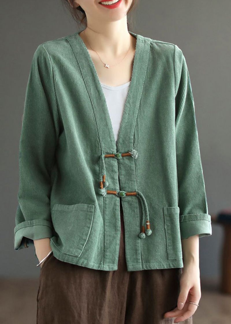 Boheemse Groene Zakken Met Kwastjes En Patchwork Corduroy Jas Herfst - Dames winterjassen