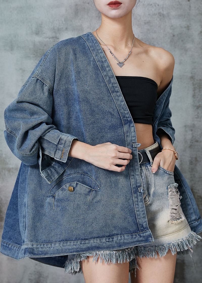 Boheemse Marineblauwe Oversized Denimjassen Met Chinese Knopen Lente - Dames winterjassen