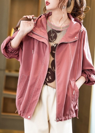 Boheemse Roze Oversized Katoenen Jas Met Capuchon Uitloper Herfst