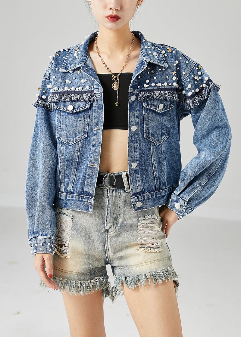 Boho Blauw Oversized Patchwork Denim Jassen Met Spijkerkralen Lente