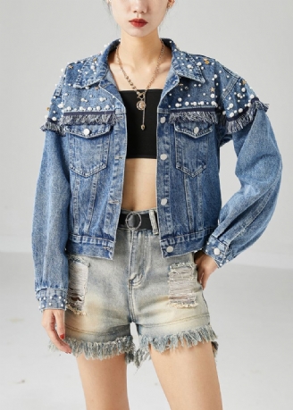 Boho Blauw Oversized Patchwork Denim Jassen Met Spijkerkralen Lente