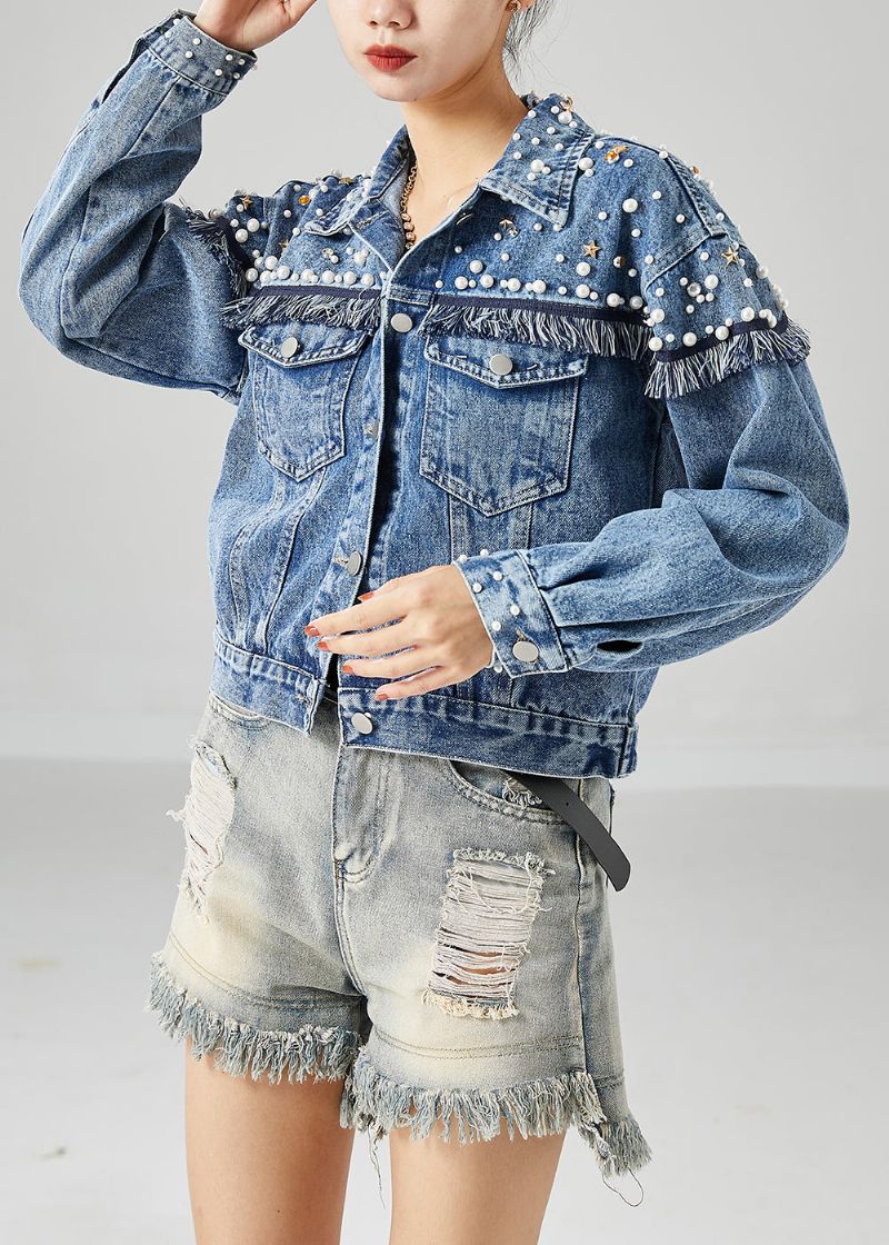 Boho Blauw Oversized Patchwork Denim Jassen Met Spijkerkralen Lente - Dames winterjassen