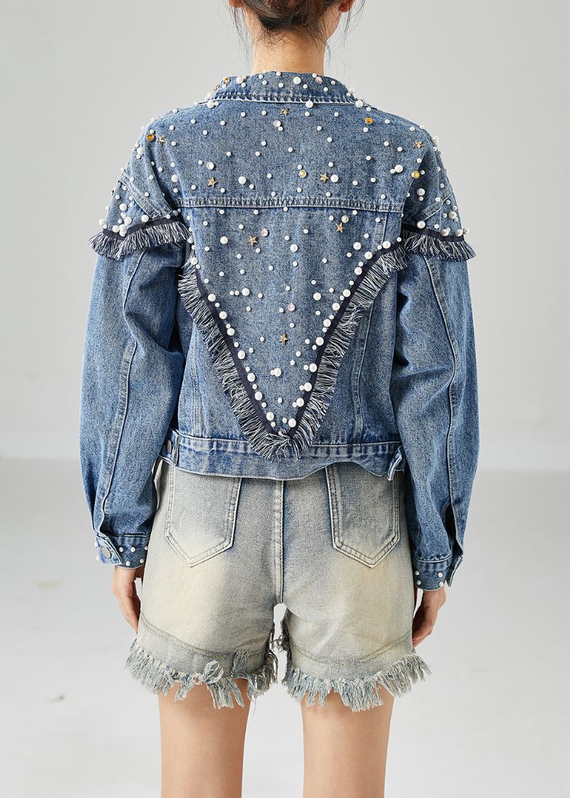 Boho Blauw Oversized Patchwork Denim Jassen Met Spijkerkralen Lente - Dames winterjassen