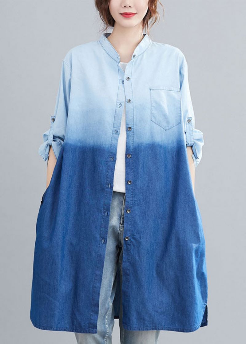 Boho Blauw Zakken Knoop Kleurverloop Herfst Denim Trench Lange Mouw - Dames winterjassen