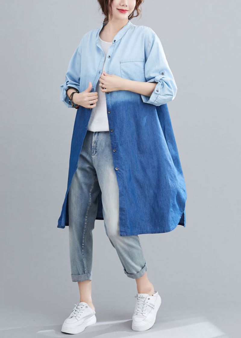 Boho Blauw Zakken Knoop Kleurverloop Herfst Denim Trench Lange Mouw - Dames winterjassen