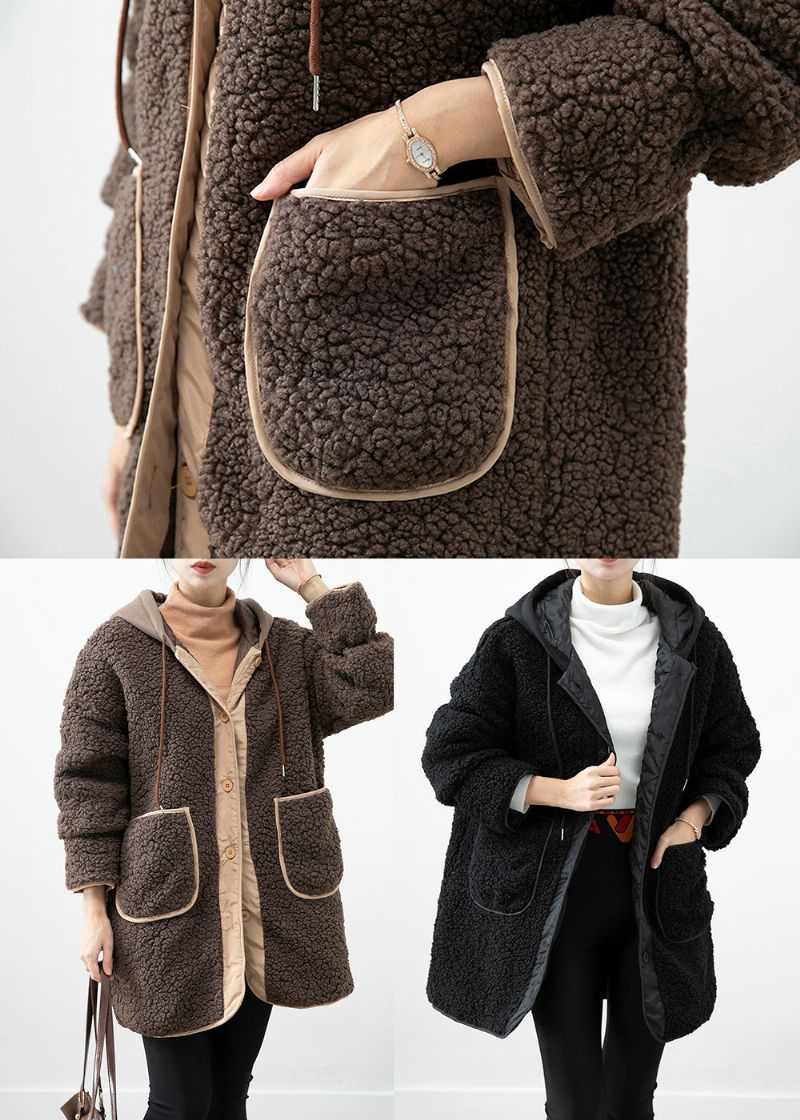 Boho Chocolade Capuchon Patchwork Zakken Teddy Nepbontjassen Winter - Dames winterjassen