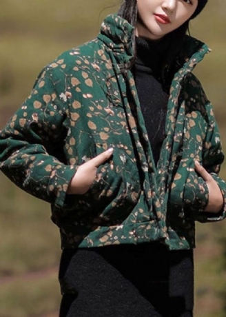 Boho Groene Opstaande Kraag Print Fijne Katoenen Gevulde Parka Winter