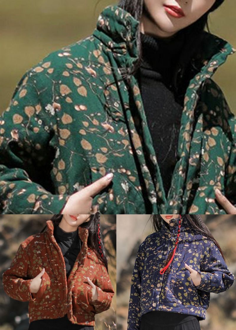 Boho Groene Opstaande Kraag Print Fijne Katoenen Gevulde Parka Winter - Dames winterjassen