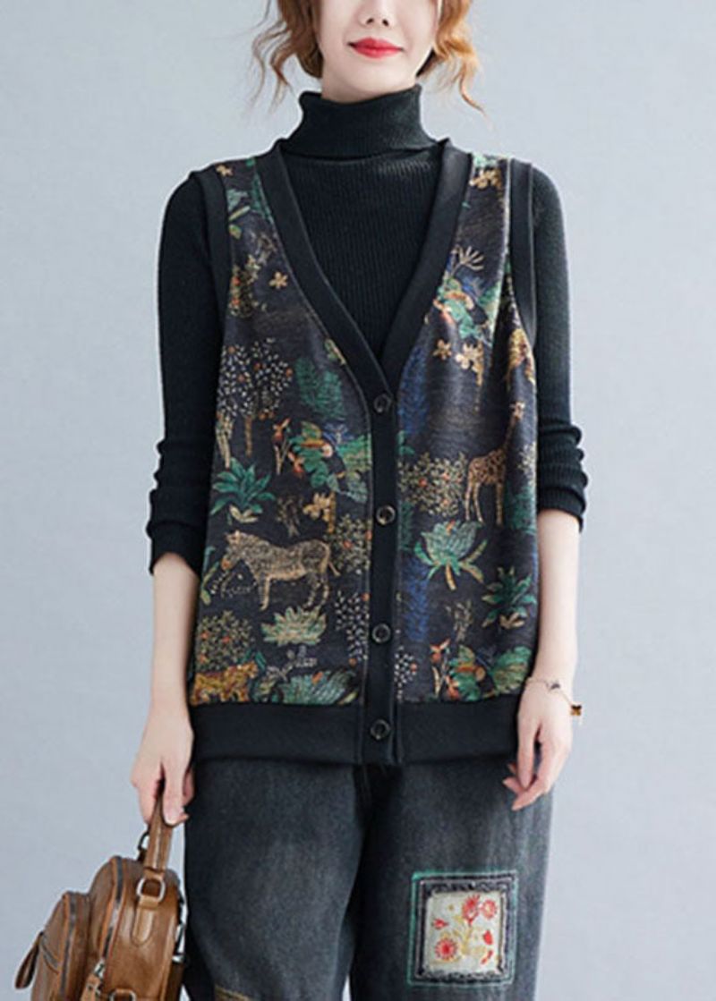 Boho V-hals Print Knoop Warm Fleece Vest Winter