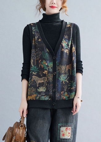 Boho V-hals Print Knoop Warm Fleece Vest Winter