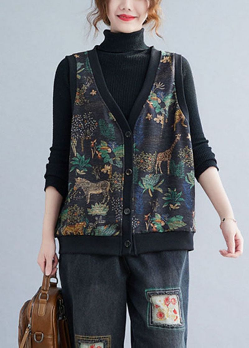 Boho V-hals Print Knoop Warm Fleece Vest Winter - Dames winterjassen