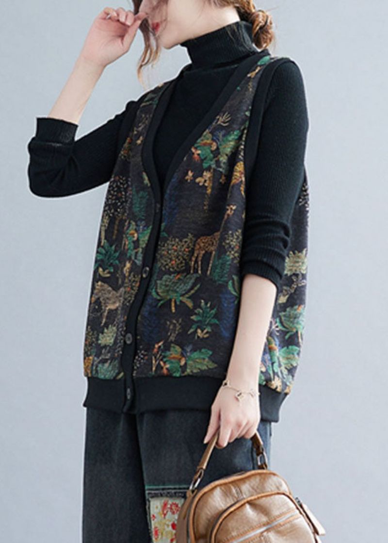 Boho V-hals Print Knoop Warm Fleece Vest Winter - Dames winterjassen