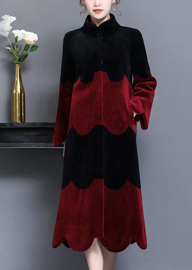 Boho Zwart Rood Opstaande Kraag Patchwork Wollen Jas Winter - Dames winterjassen