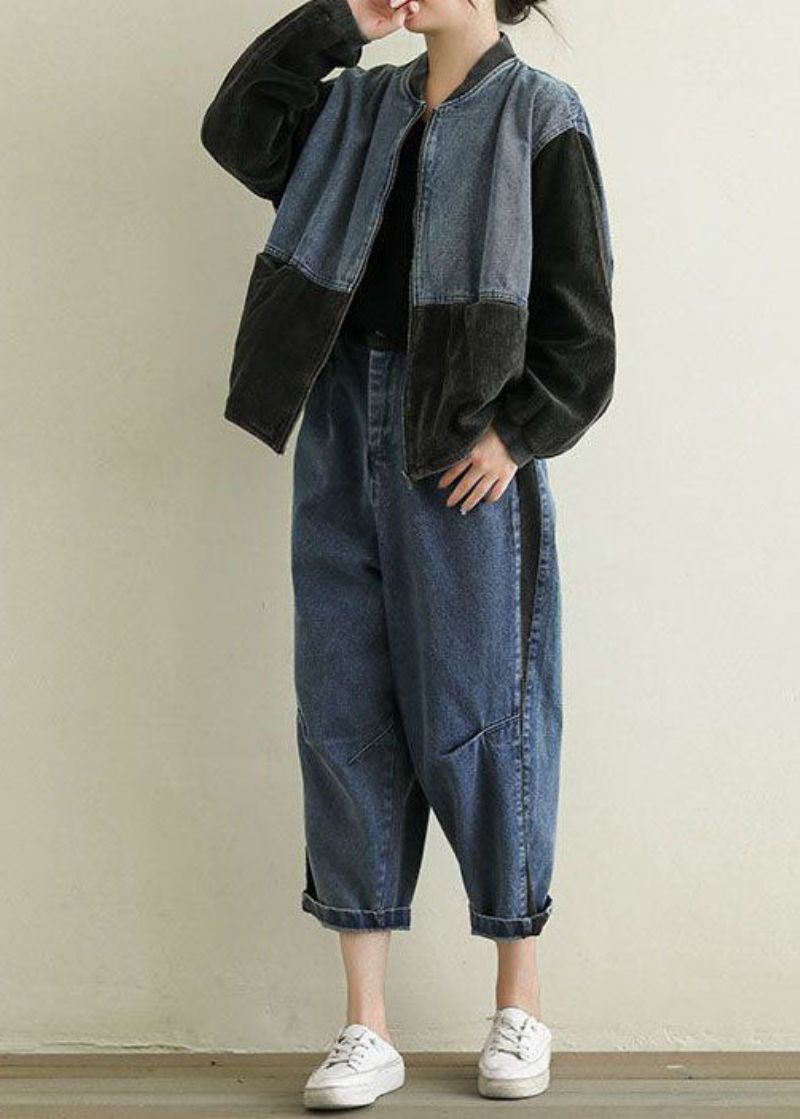 Boho Zwarte Zakken Corduroy Patchwork Denim Jacks Lente - Dames winterjassen