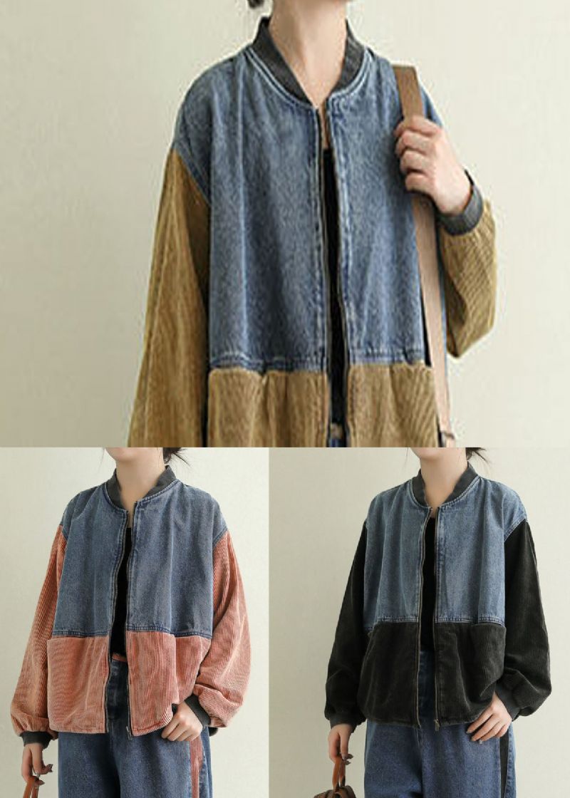 Boho Zwarte Zakken Corduroy Patchwork Denim Jacks Lente - Dames winterjassen