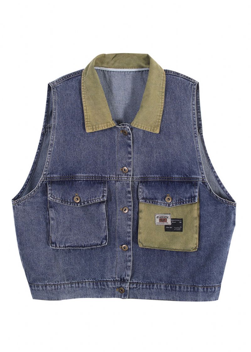 Boutique Blauw Denim Gilet Met Peter Pan-kraag En Patchworkprint Herfst - Dames winterjassen