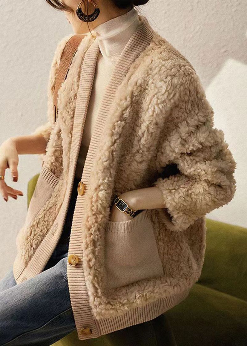 Boutique Camel V-hals Zakken Patchwork Wollen Jas Winter - Dames winterjassen