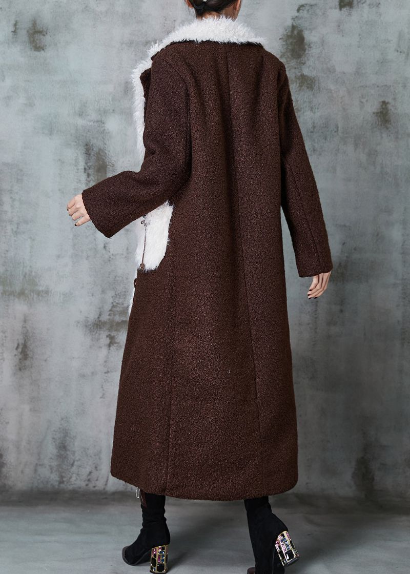 Boutique Chocolade Patchwork Zakken Fleece Wol Gevoerde Trenchcoat Winter - Dames winterjassen