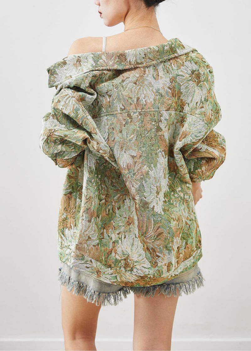 Boutique Groene Oversized Denim Jas Met Bloemenschilderij Herfst