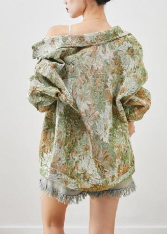 Boutique Groene Oversized Denim Jas Met Bloemenschilderij Herfst