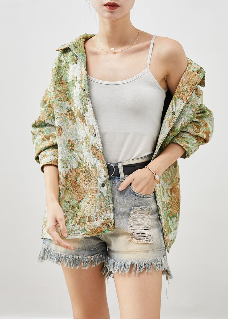 Boutique Groene Oversized Denim Jas Met Bloemenschilderij Herfst - Dames winterjassen