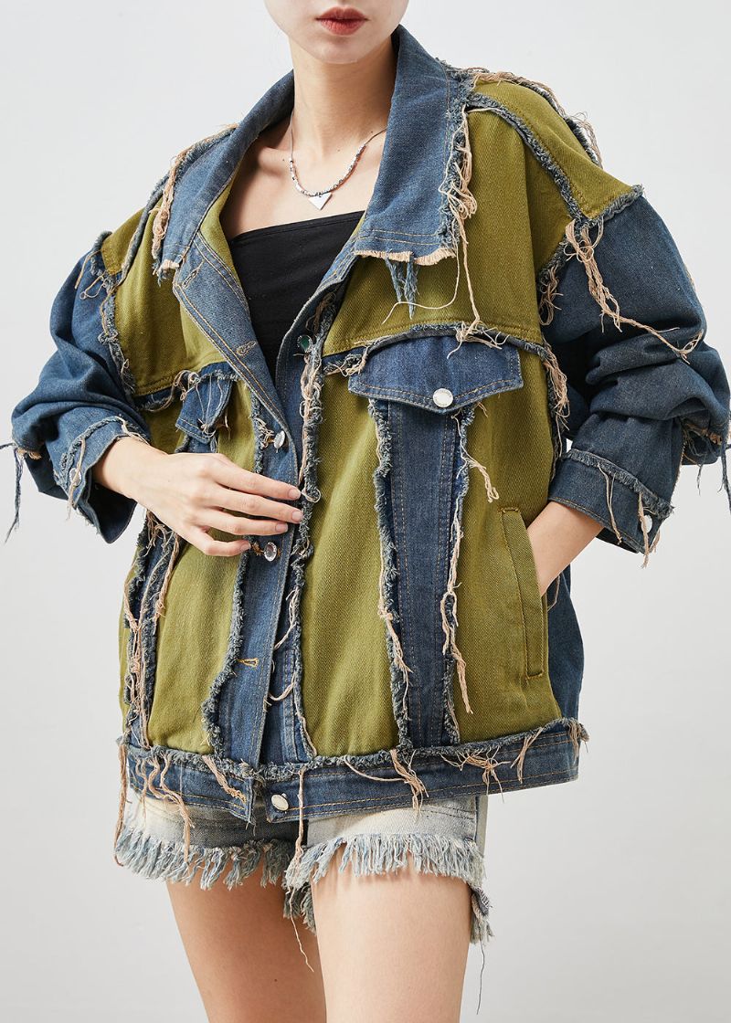 Boutique Marineblauwe Asymmetrische Denim Jas Met Patchwork-appliqué Lente - Dames winterjassen