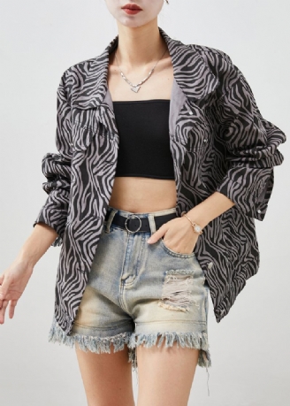 Boutique Zwarte Oversized Denimjas Met Zebrapatroon Herfst