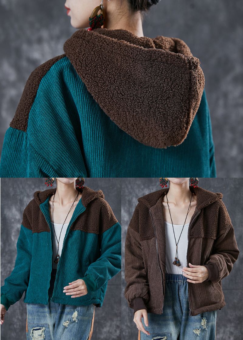 Bruin Patchwork Warm Fleecejack Met Capuchon Winter - Dames winterjassen