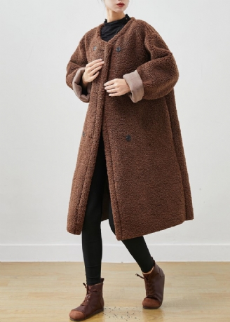 Bruine Teddy-trenchcoat Van Imitatiebont Oversized Dubbele Borst Lente