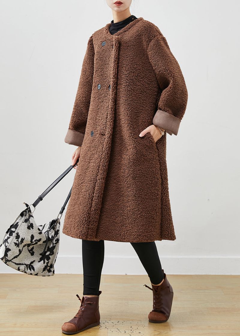 Bruine Teddy-trenchcoat Van Imitatiebont Oversized Dubbele Borst Lente - Dames winterjassen