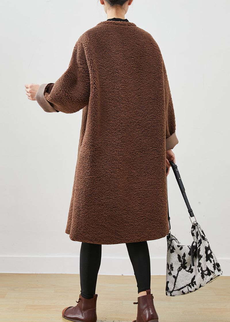 Bruine Teddy-trenchcoat Van Imitatiebont Oversized Dubbele Borst Lente - Dames winterjassen