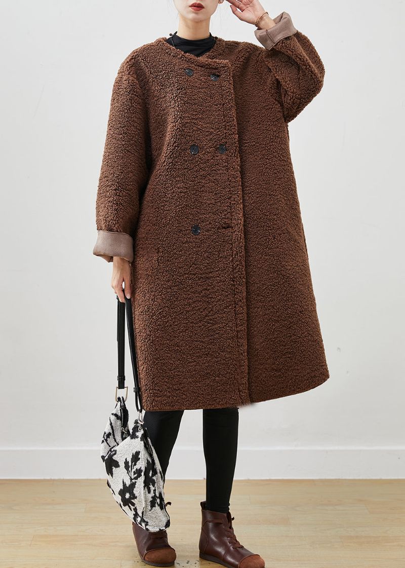 Bruine Teddy-trenchcoat Van Imitatiebont Oversized Dubbele Borst Lente - Dames winterjassen