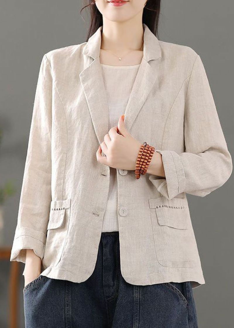 Casual Beige Zakken Patchwork Knoop Linnen Jassen Lente - Dames winterjassen