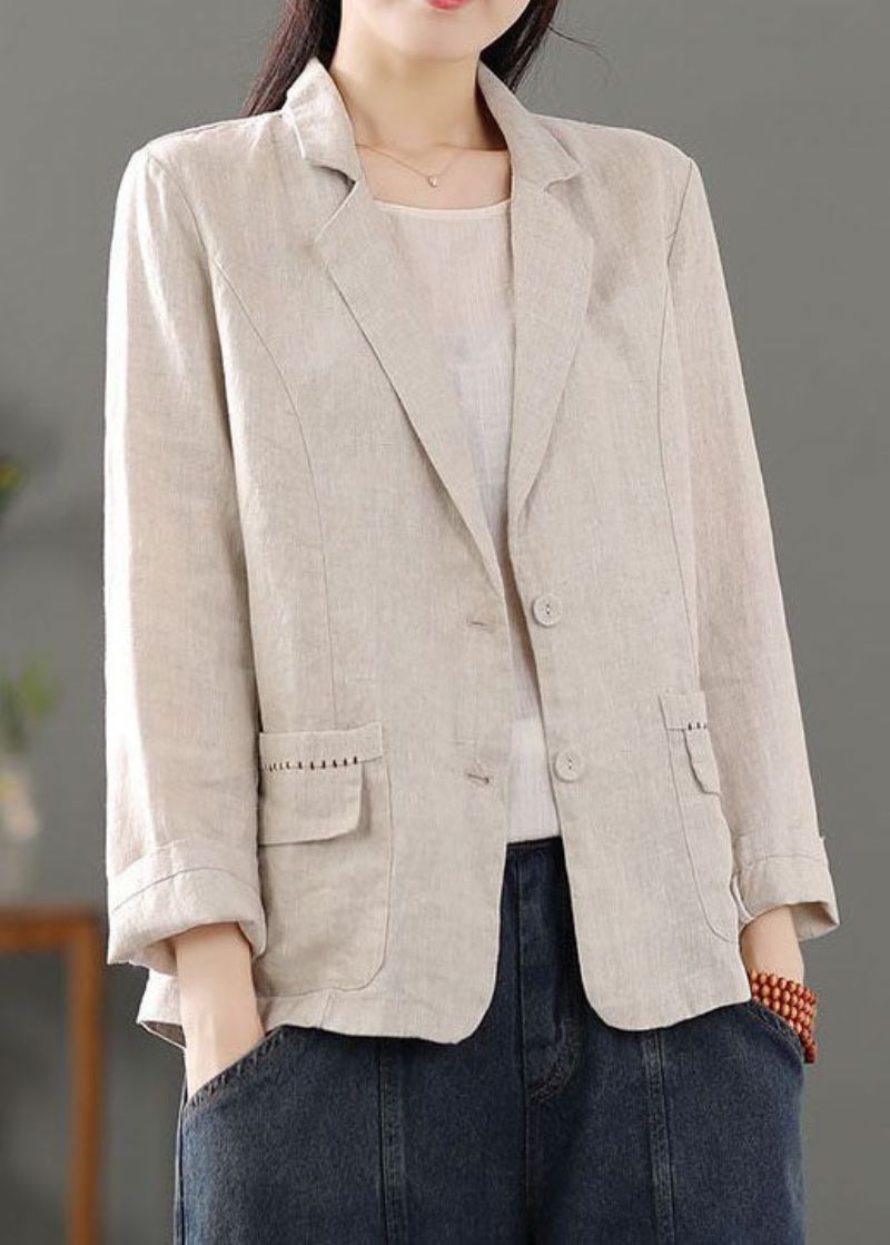 Casual Beige Zakken Patchwork Knoop Linnen Jassen Lente - Dames winterjassen