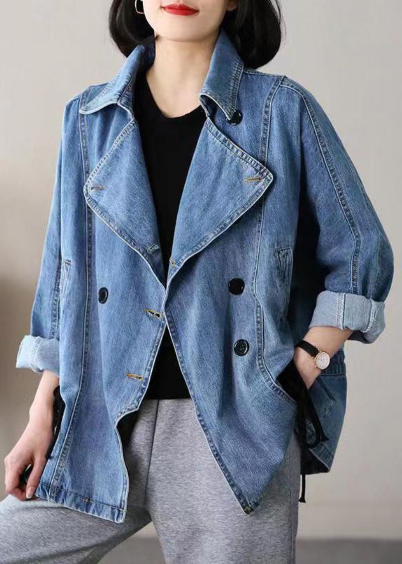 Casual Blauwe Ingekerfde Patchwork Denim Jassen Met Stropdas In De Taille En Lange Mouwen - Dames winterjassen