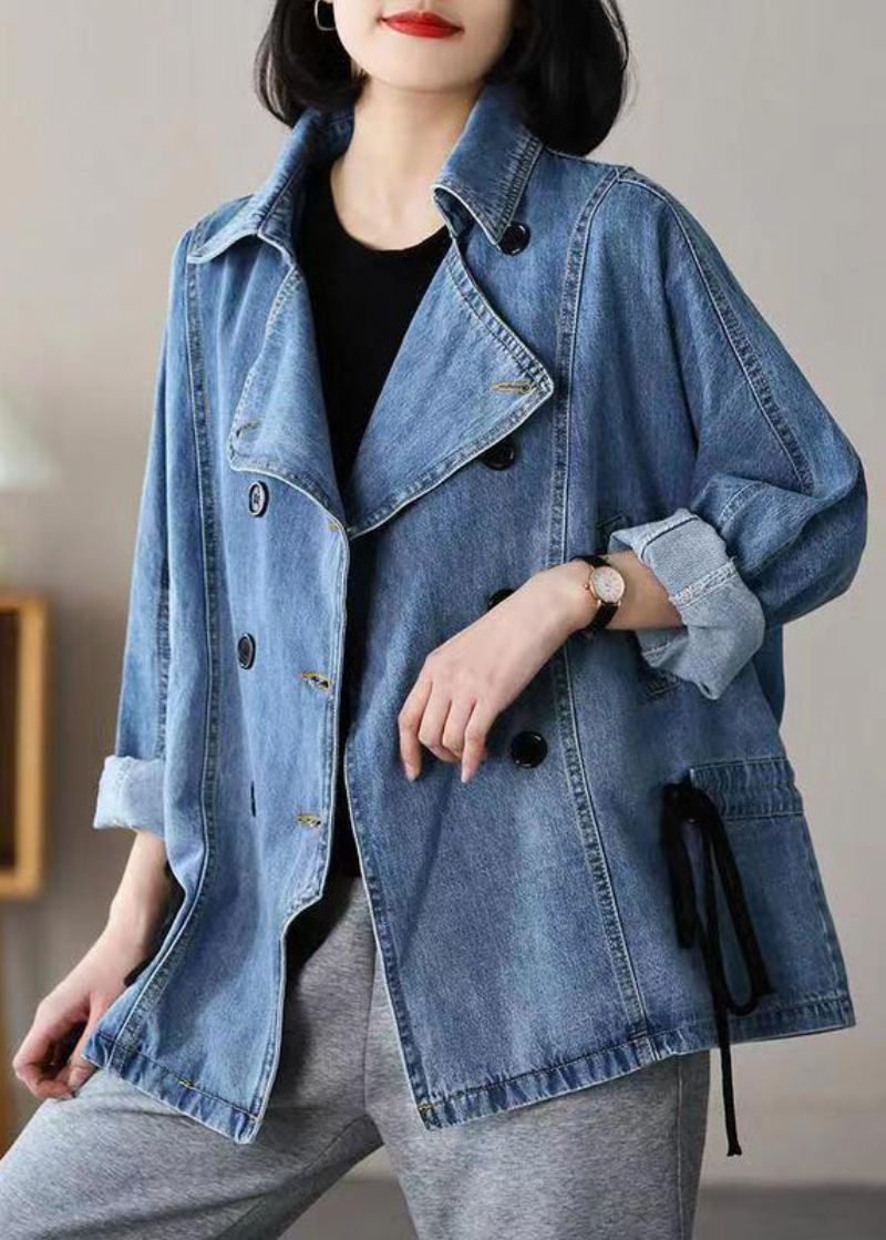 Casual Blauwe Ingekerfde Patchwork Denim Jassen Met Stropdas In De Taille En Lange Mouwen - Dames winterjassen