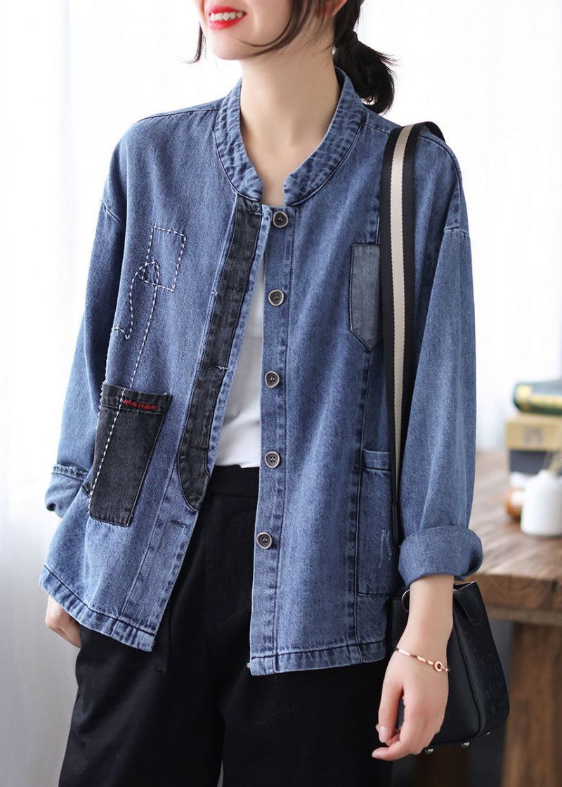 Casual Blauwe Opstaande Kraag Patchwork Knoop Denim Jassen Lente