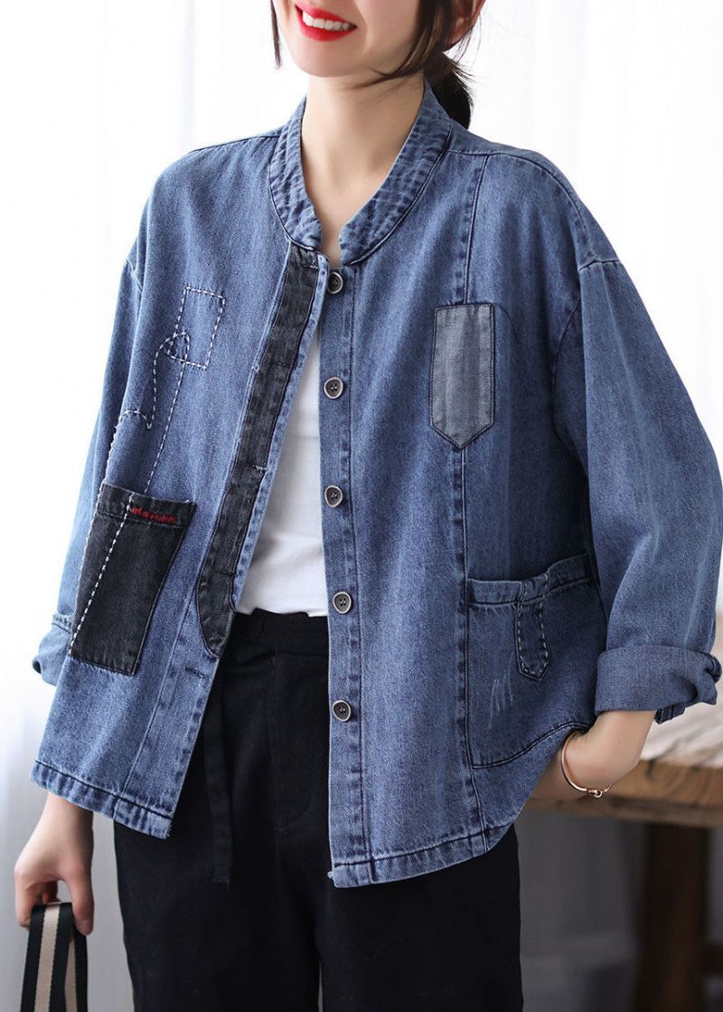 Casual Blauwe Opstaande Kraag Patchwork Knoop Denim Jassen Lente - Dames winterjassen